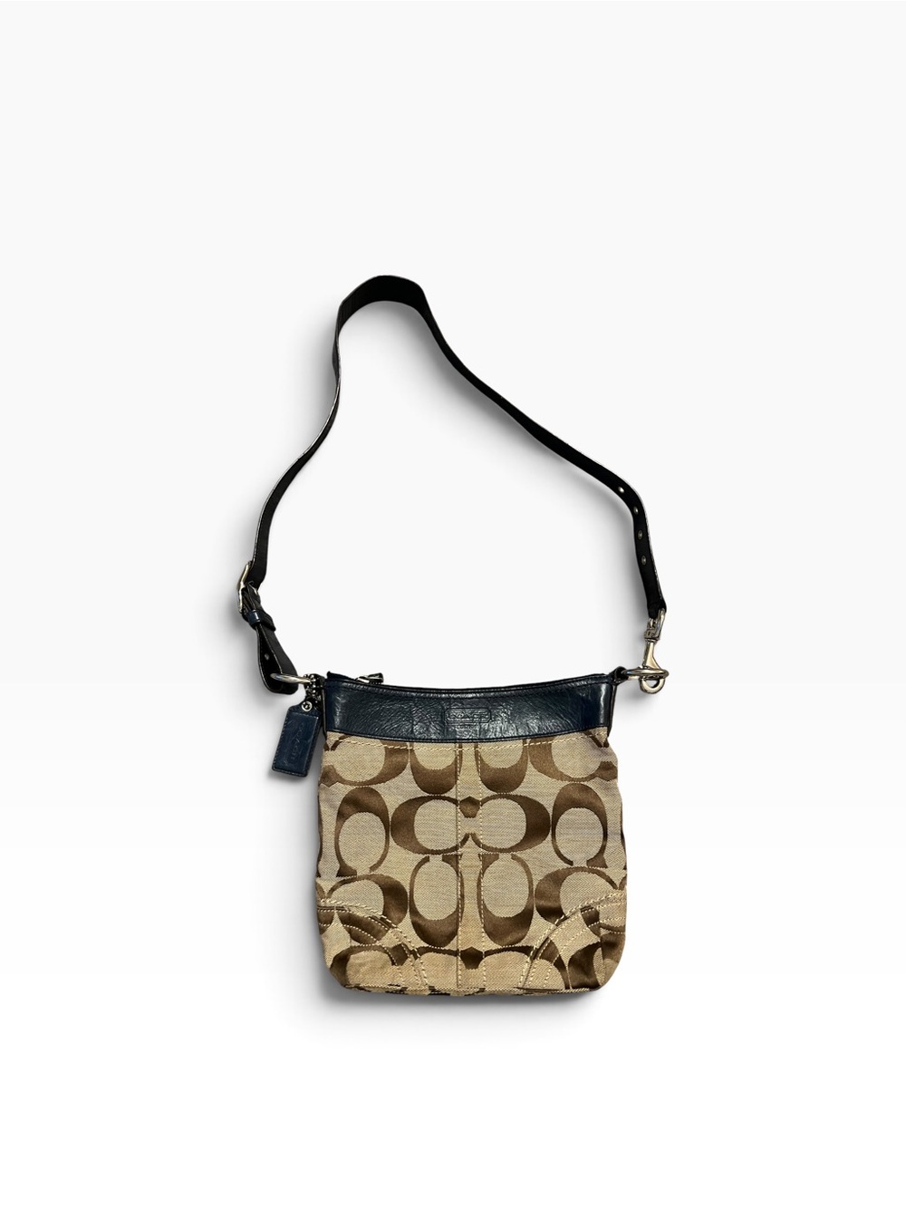 Coach Signature Canvas Crossbody Bag in Brown with Blue leather trim- 10402M